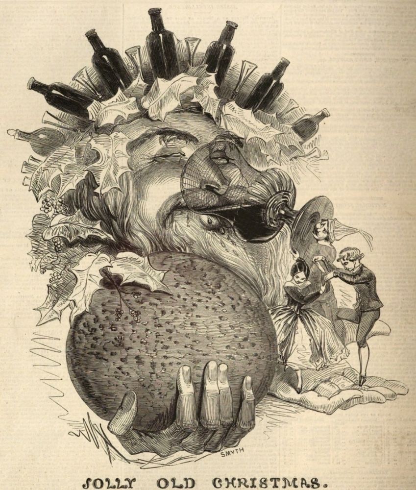 An illustration of "Jolly Old Christmas" from The Illustrated London News, December 21 1844. A Santa Claus-like figure wears a crown of holly studded with wine bottles and wine glasses. He holds a speckled round pudding garnished with a sprig of holly and drinks from a wine glass with a content expression. Children dance on his oversized hand, and an elf-like assistant helps to hold up the glass up.