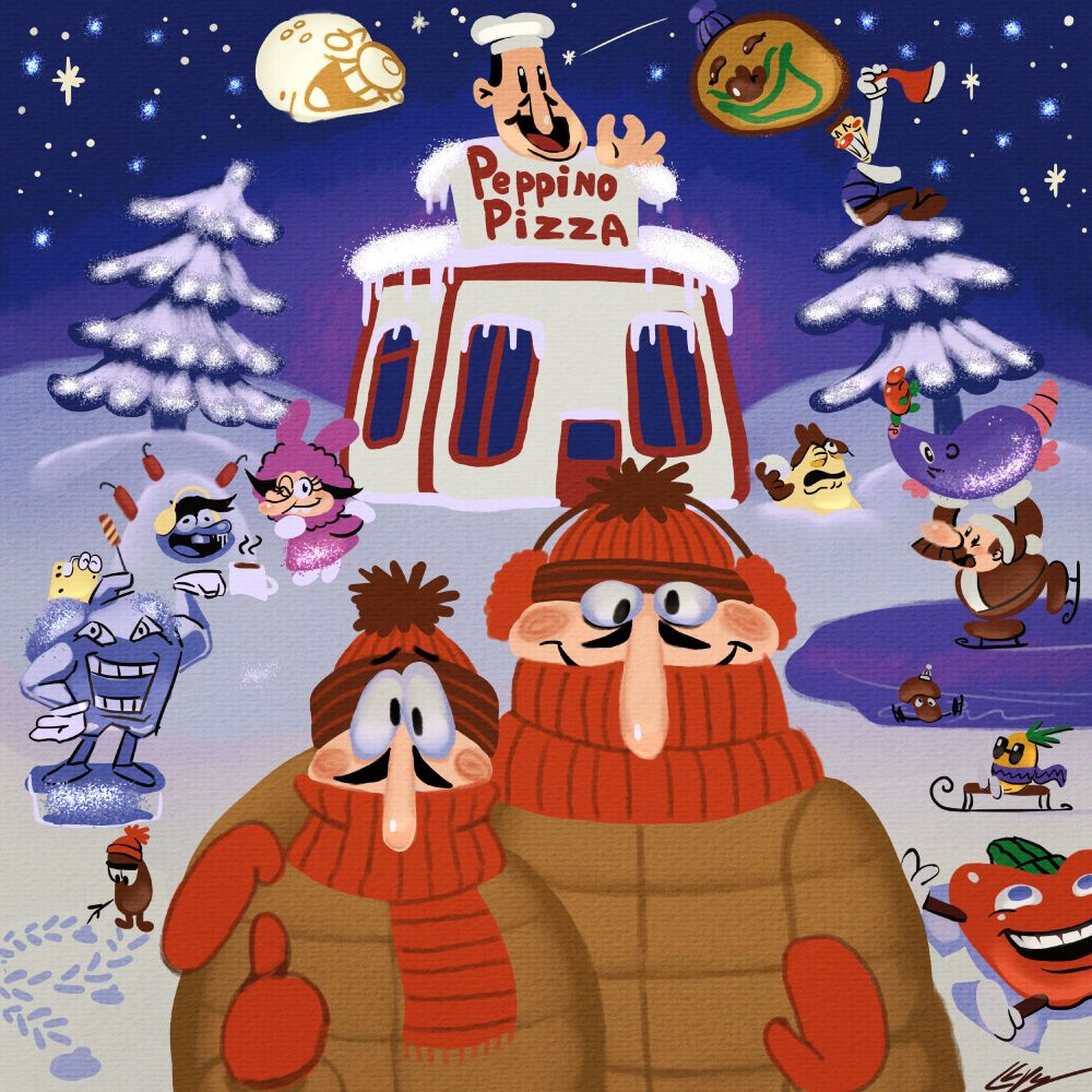 It's a holiday card!

Lovely frozen night with shining stars above on the blue-purple-pink background. The smiling moon and Pizzaface grinning at each other.

In the foreground there's Peppino, giving a thumbs up, and Fake Peppino, waving at the camera. They both are wearing light brown down jackets, red scarves and hats. Except Fake Peppino has completely wrapped his head with the scarf and also has warm headgear.

In the background there's Pizzeria covered in snow and icicles, surrounded by Pine trees covered in snow and glitter. 

To our left, Noise is in a snowbank with fireworks that he brought himself. He wanted it to be a surprise, unfortunately he got frozen. Noisette is posing in a fluffy rabbit-ears coat, having put a cup of coffee near icicled Noise. Pepperman ice statue flexes his muscles, and a cheese topping wearing headphones on top of it, a small sausage in front of them in a red hat drawing ornaments of a Christmas tree on the snow.

To our right, Vigilante is aiming at Pizzahead, stuck in the tree with the snowball. The pizza clown has a snow stain on his pants. Yet he still waves his red hat as a flag.
Gustavo is having an ice-skating session, holding Brick above himself. Tomato topping is finishing a fabulous move on top of Brick’s nose. Mushroom with a tiny white hat, also wanted to try a move, but slipped on its feet. Pineapple, wrapped in purple scarf, rides sleigh. Pepperman in green hat is lying down, making snowpeppers.

There's plenty of glitter in the sky and snow.

Happy holidays! Happy New Year and Merry Christmas! 🎄 

