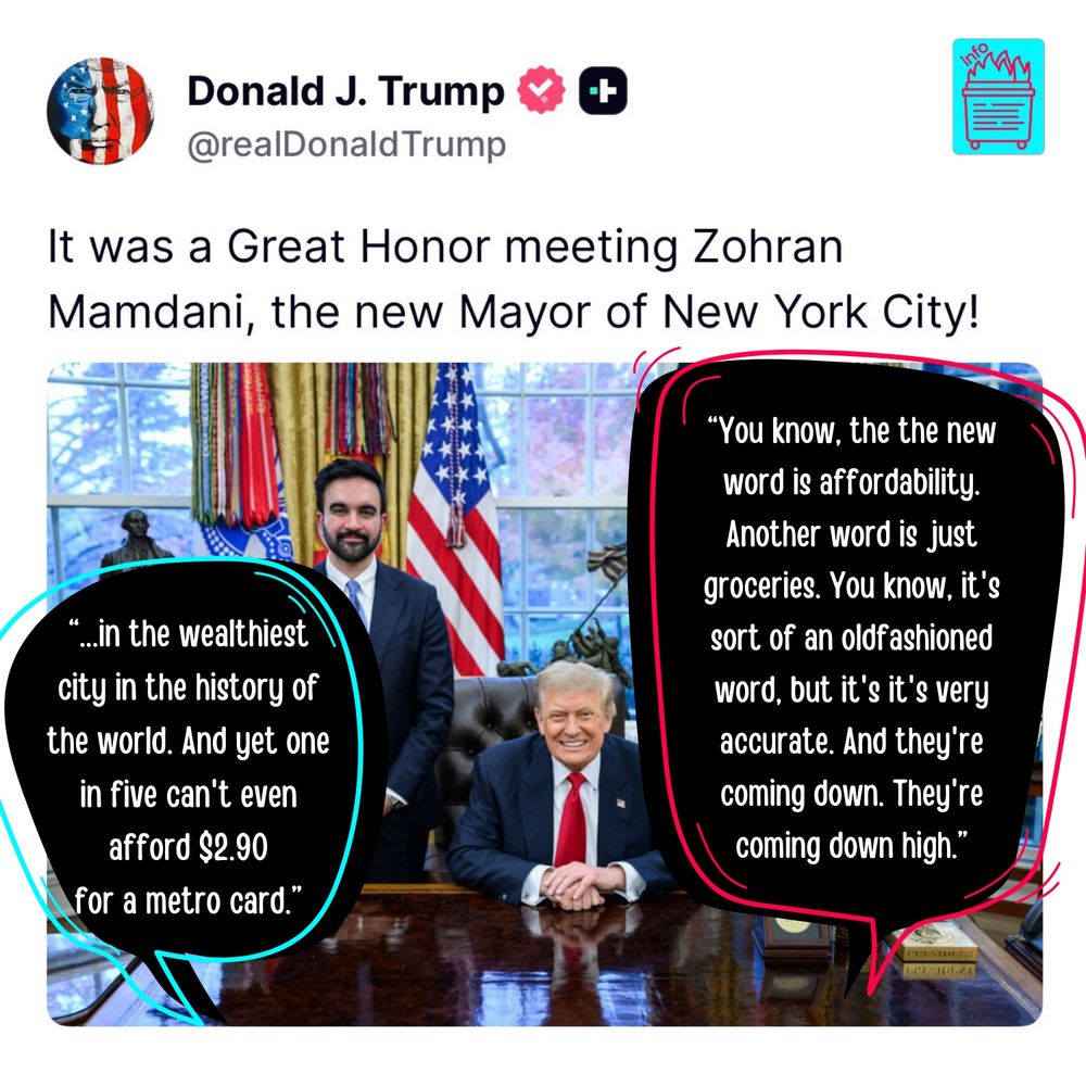 Truth social with photo of both men in Oval Office and speech bubbles added to photo with direct quotes from each man

“Donald J. Trump & @realDonald Trump
It was a Great Honor meeting Zohran
Mamdani, the new Mayor of New York City!”

Mamdani direct quote”...in the wealthiest city in the history of the world. And yet one in five can't even afford $2.90 for a metro card."

Trump direct quote 
"You know, the the new word is affordability. Another word is just groceries. You know, it's sort of an oldfashioned word, but it's it's very accurate. And they're coming down. They're coming down high."
