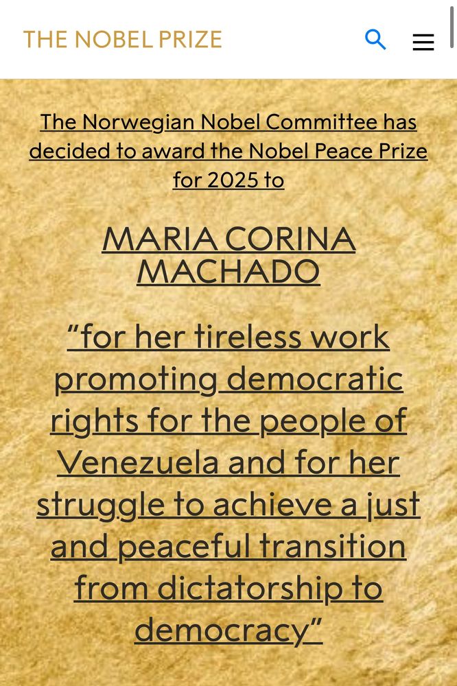 leader of the democracy movement in Venezuela, Maria Corina Machado gets Nobel Peace Prize 2025
