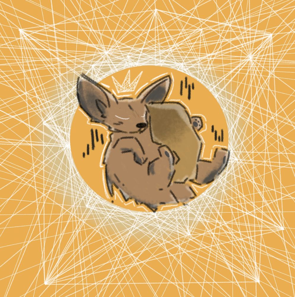a canine of some sort in the middle of a circle created by intersecting lines. Their eyes are closed and they somewhat hold their tail