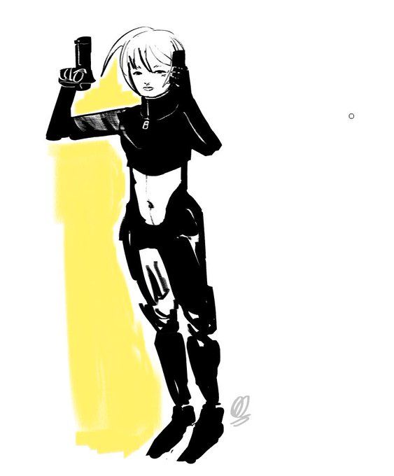 Full body drawing of Alpha, my original character.
She's a cyborg; is holding a phone & a gun.
