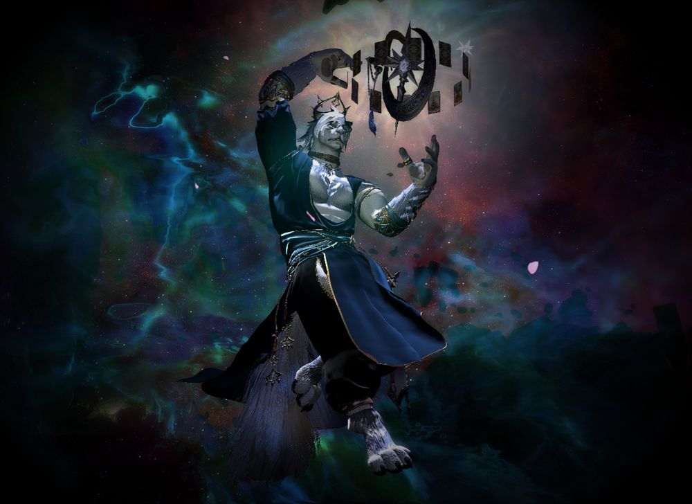 Krove Ozir, a nonbinary hrothgar dressed in robes, holds an astrolabe of stars. They float in the air, the edge of the universe behind them as they harness the power of the stars.