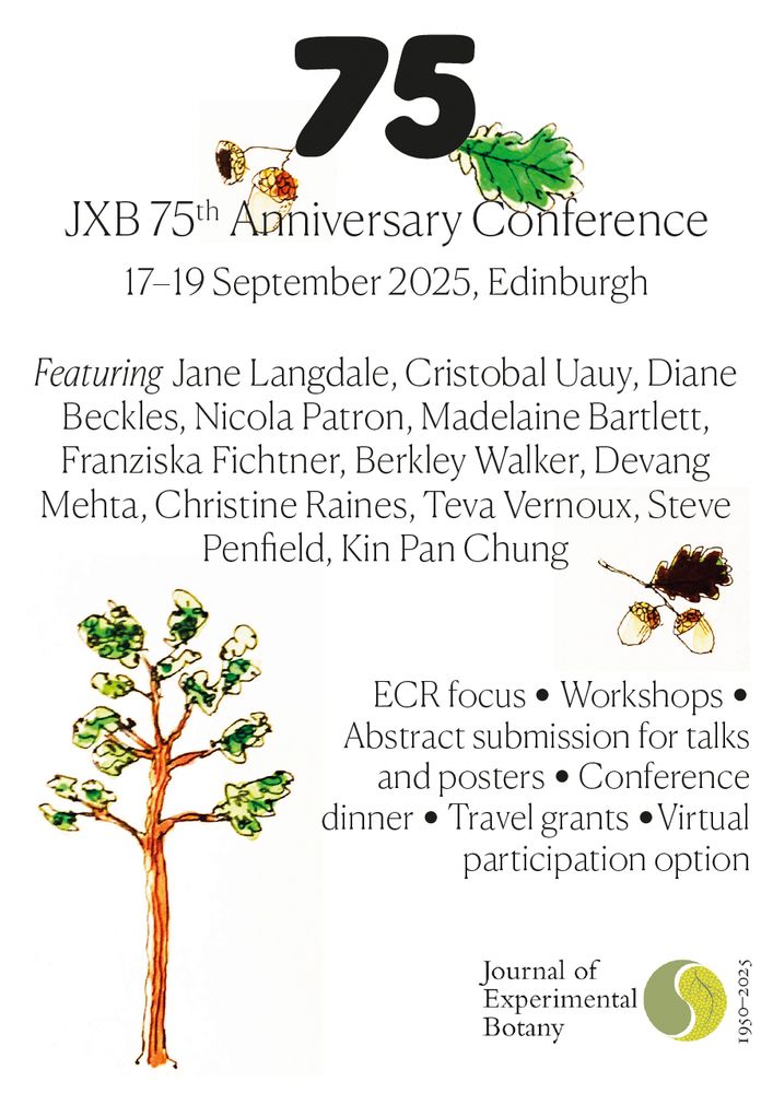 Promotional postcard to advertise the JXB 75th Anniversary Symposium, to be held in Edinburgh fro 17-19th September 2025. The invited speakers are listed, as well as some highlights from the program. The images show an oak tree, leaf and acorn.