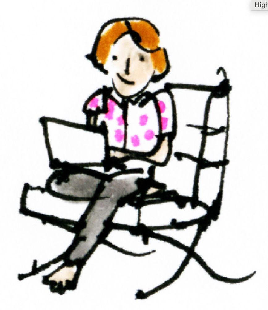 Cartoon drawing of a researcher sat in a chair working on a laptop