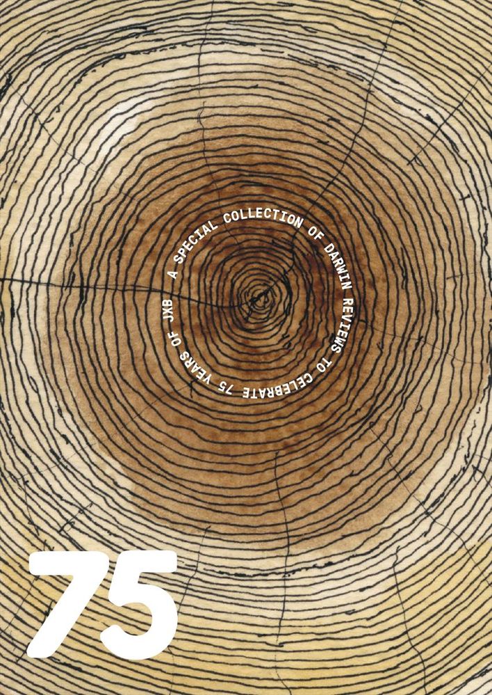 An illustration of tree rings with text centred in a circle: "A special collection of Darwin Reviews to celebrate 75 years of JXB"