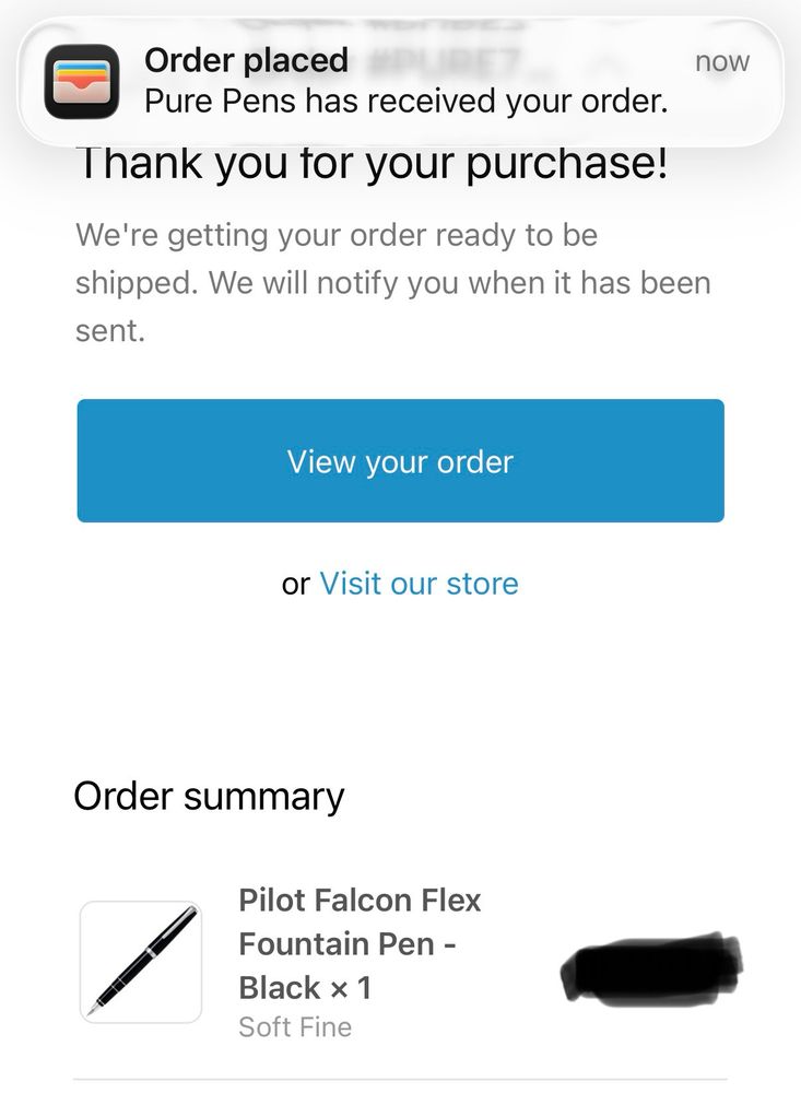 email confirmation of an order of a Pilot Falcon Flex fountain pen