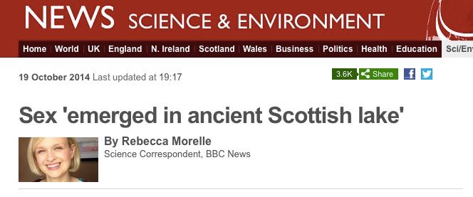 BBC NEWS SCIENCE & ENVIRONMENT
19 October 2014
Sex 'emerged in ancient Scottish lake'