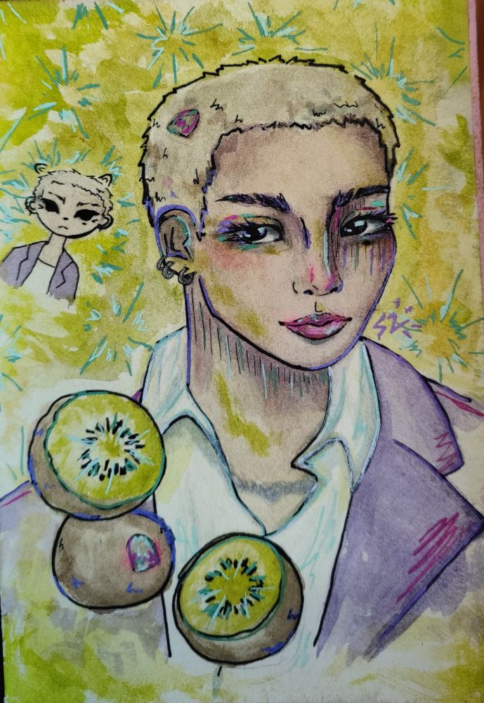 stray kids hyunjin with his buzzcut surrounded by kiwis