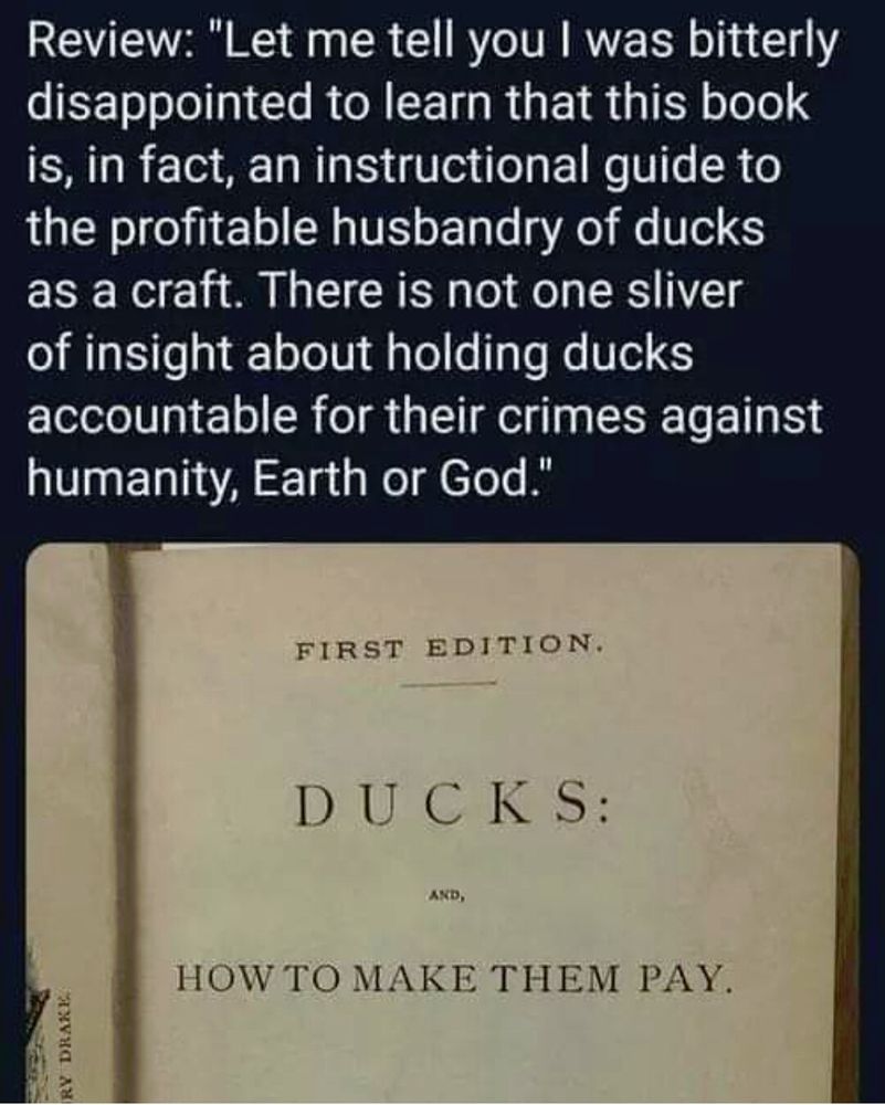 Review: "Let me tell you I was bitterly disappointed to learn that this book is, in fact, an instructional guide to the profitable husbandry of ducks as a craft. There is not one sliver of insight about holding ducks accountable for their crimes against humanity, Earth, or God."