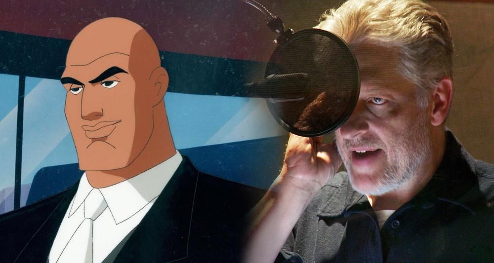 Left hand side of the image is of Lex Luthor in a black and white suit from the Superman: The Animated Series, while the right is an image of his voice actor Clancy Brown in a recording booth with a microphone in front of his face.