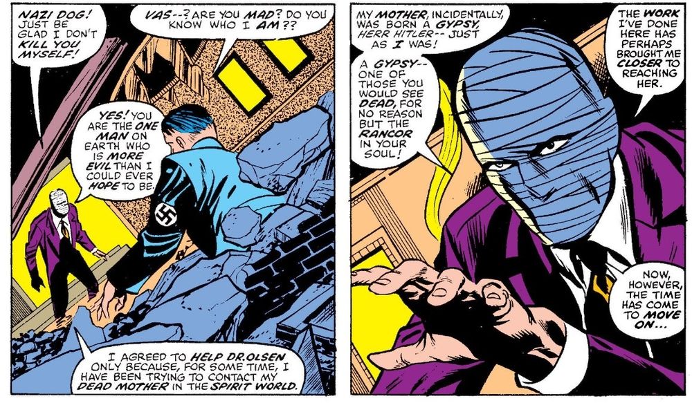 Image is Doctor Doom in suit mocking Nazi and outlining how he used a Dr Olsen and now plans to leave them all to die.