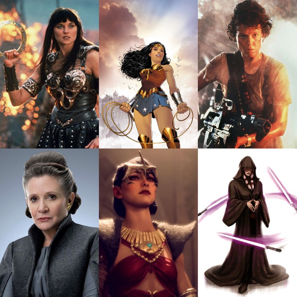 Image is a grid of two rows of three, each depicting a female character and their appearance in a particular film/game/show. The top features Xena from Xena: Warrior Princess, Wonder Woman from DC Comics, and Ellen Ripley from the Aliens. The bottom row features General Leia Organa from Star Wars: Episode VII – The Force Awakens, Morrigan from Dragon Age: The Veilguard, and Kreia from Star Wars Knights of the Old Republic II: The Sith Lords.