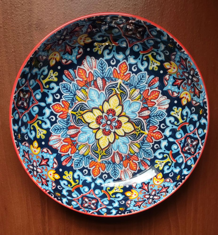 large Bohemian style bowl with oakleaves in blue orange and yellow, a perfect style for a winter or fall offering dish/magical workspace  