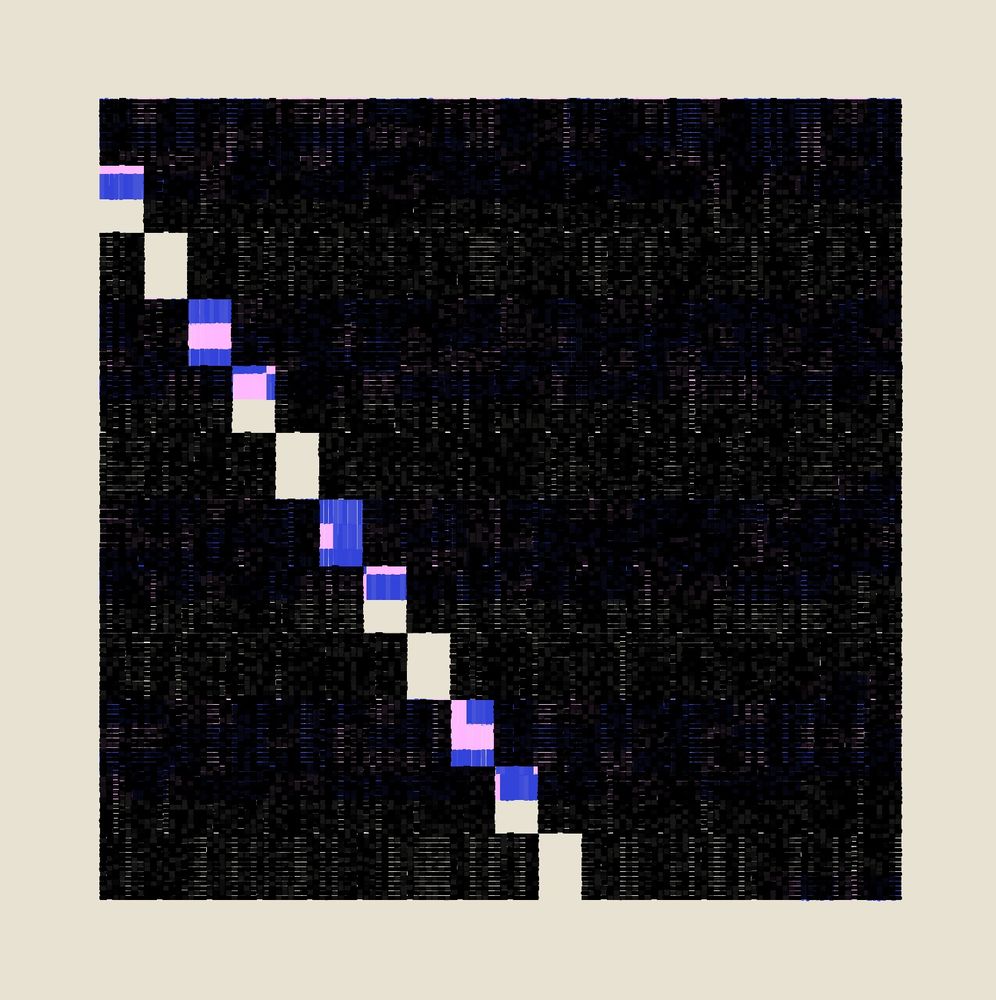 Abstract image of a square composed of individual black hatched squares with a series of clear squares running diagonally across the matrix which reveal colored squares underneath. 