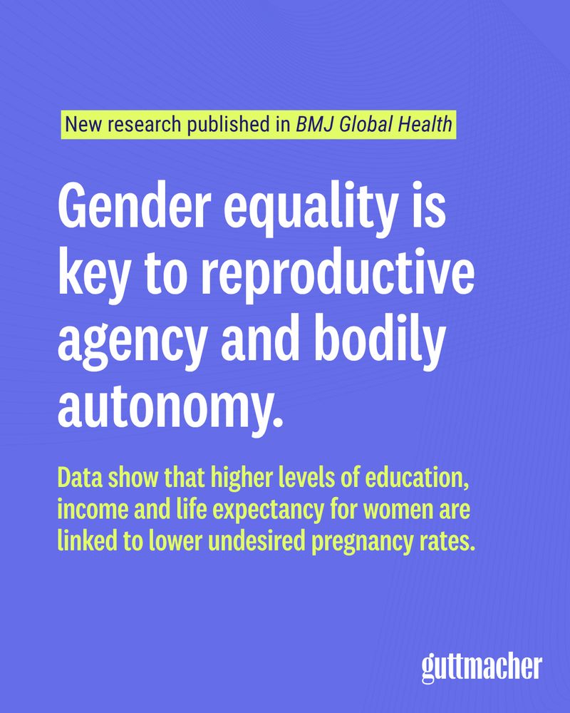White text on a lilac background says, Gender equality is key to reproductive agency & bodily autonomy. Lime text highlights: new research shows higher education levels, income and life expectancy for women are linked to lower undesired pregnancy rates. 