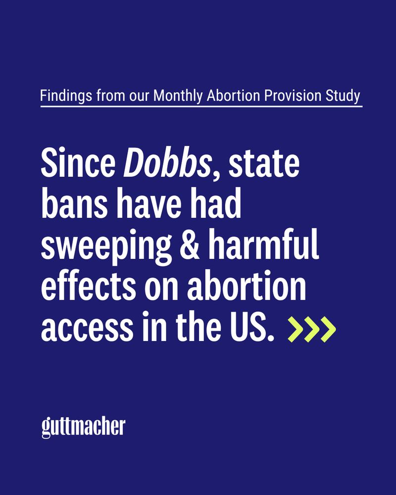 Text on blue background, says "Findings from our Monthly Provision Study: Since Dobbs, state bans have had sweeping & harmful effects on abortion access in the US."