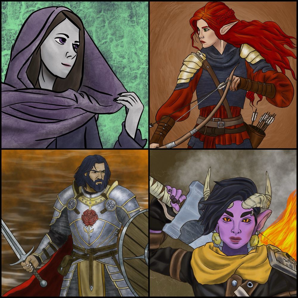 A 4 panel illustration of fantasy character art. First is a cadaverous witch in a purple hood, then an elven archer with flowing red hair readying their bow. On the next row is a bearded human warrior wielding a sword and shield and wearing plate armor with a rose emblem on the breastplate. Last is a lavender-skinned tiefling with a golden scarf and an oversized, flaming greatsword. 