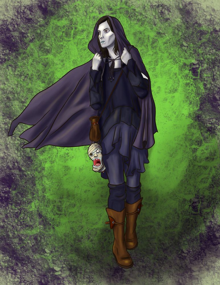 An illustration of a darkly clad, hooded witch pulling her hood up and walking towards the viewer. An animated mummy’s head hangs at her side, wide eyed and mouth agape. 