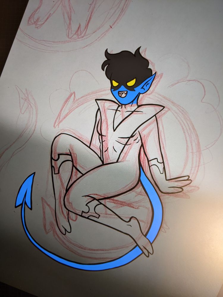 A work in progress shot of a digital drawing of Nightcrawler 