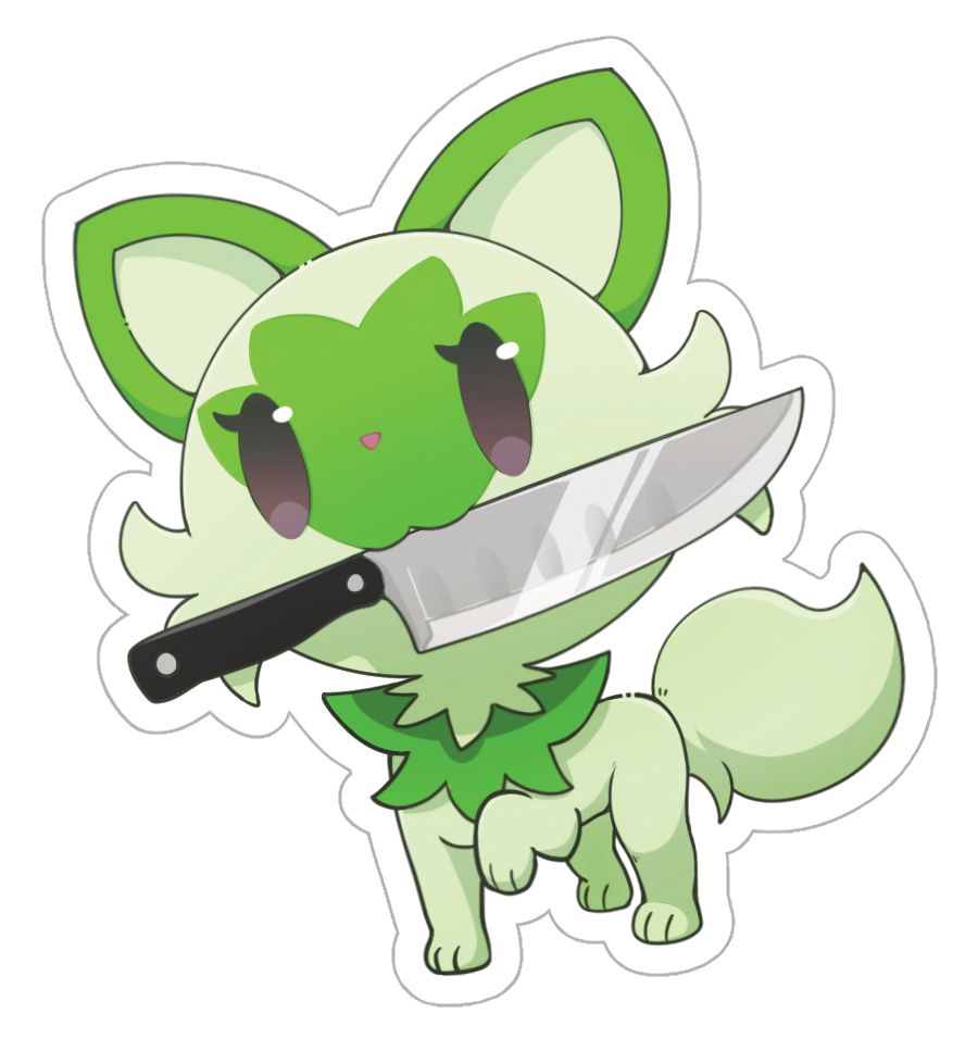 Sprigatito marching forward with a kitchen knife in its mouth. Look out!!!