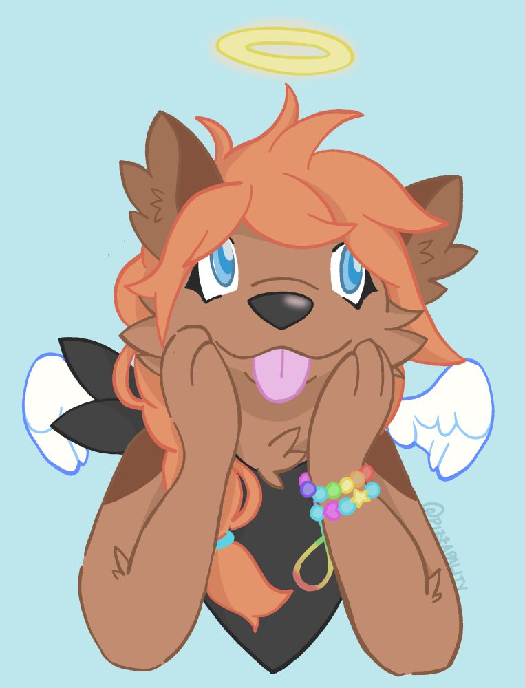 Aura, Slothie's angel dog sona! A canine humanoid with small wings and a halo has their paws to their face, looking off camera while cutely sticking out their tongue. They wear a bandana and a couple of colorful bracelets on their right wrist
