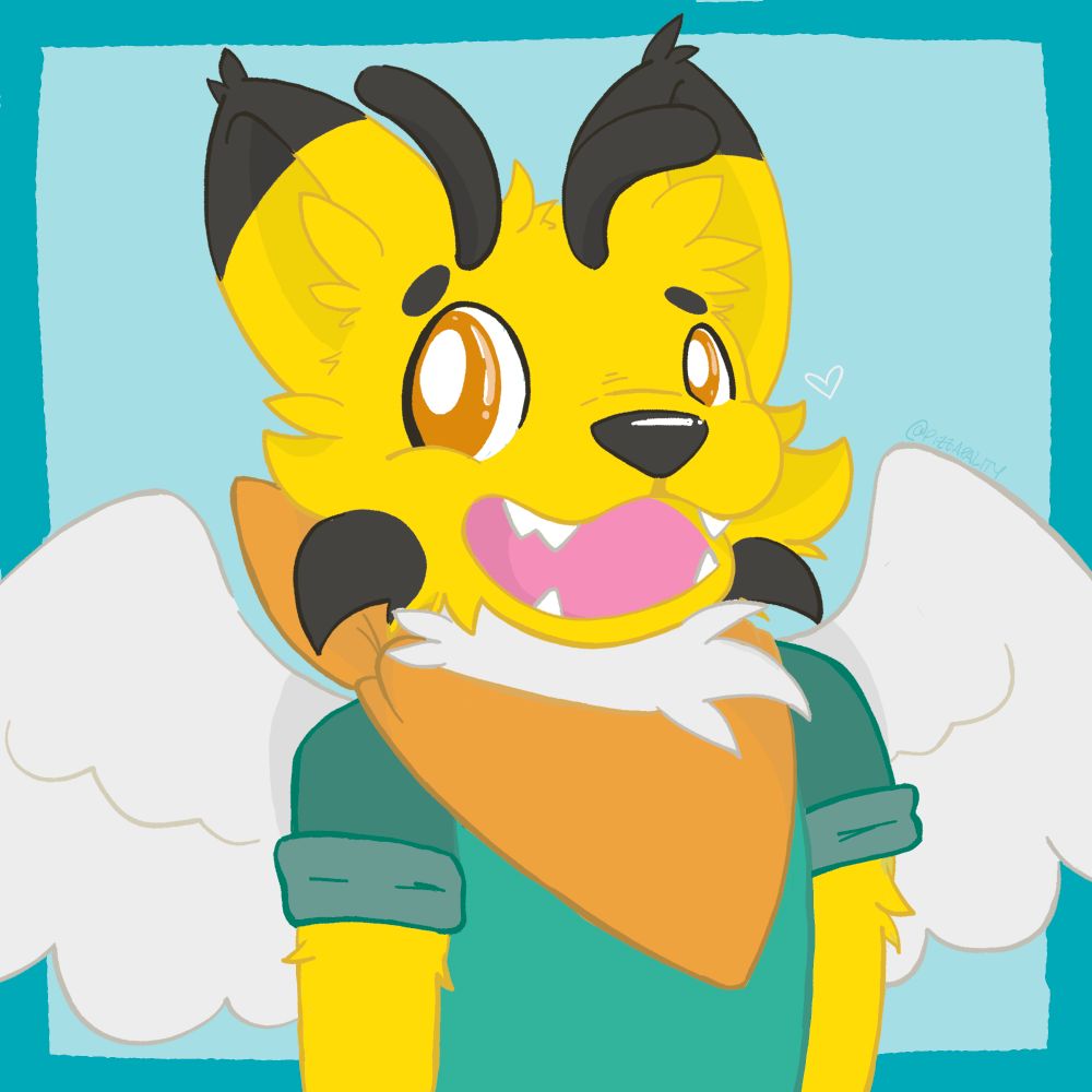 A half body shot of Honeycomb for ArtFight! (@hc-catbee.bsky.social's character) A feline character with fluffy ears and bee wings and antennae, smiling toothily. They wear a shirt with rolled up sleeves and a bandanna, their fluffy white fur poking out from under it 
