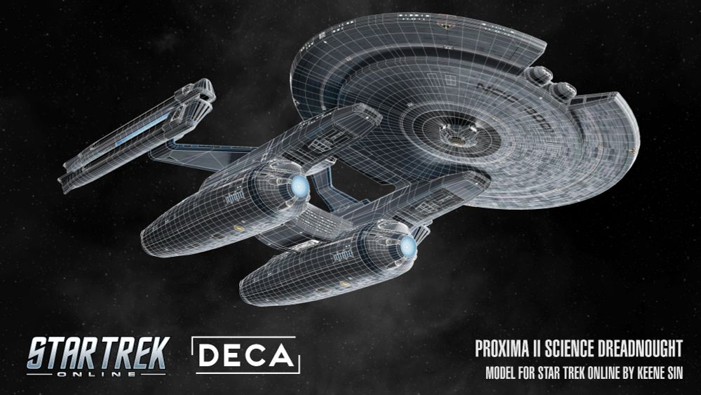 Monochromatic starry nebula background. The USS Proxima, Proxima II-Class, viewed from dorsal/fore at a 3/4 angle to port. Wireframes are visible.