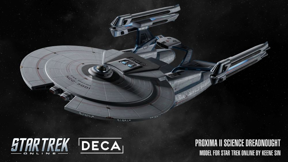 Monochromatic starry nebula background. The USS Proxima, Proxima II-Class, viewed from dorsal/fore at a 3/4 angle to port.