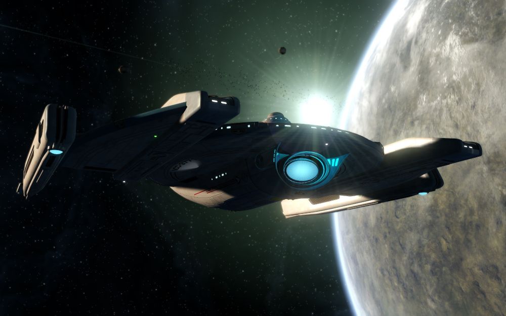 The USS Ushaan hangs in orbit of Qu'Vat.
