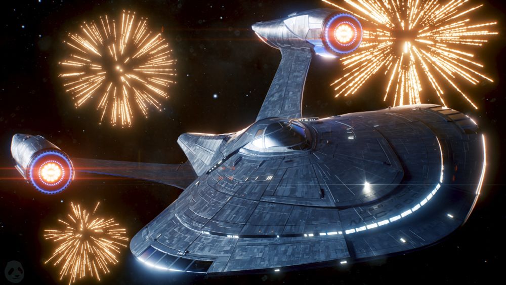 A Protostar-Class ship, the USS Waltke, flies through fireworks in space!