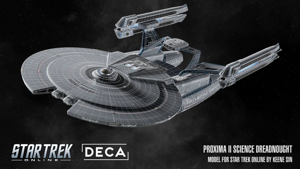 Monochromatic starry nebula background. The USS Proxima, Proxima II-Class, viewed from ventral/fore at a 3/4 angle to starboard. Wireframes are visible.