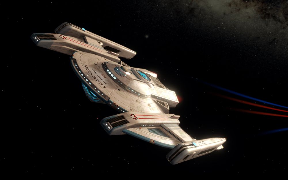 The USS Ushaan flies through space.
