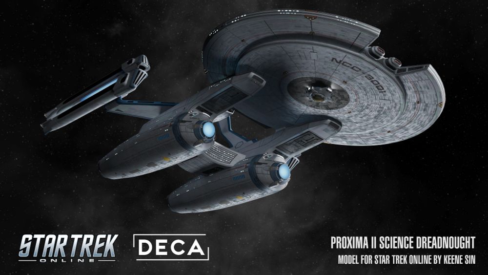 Monochromatic starry nebula background. The USS Proxima, Proxima II-Class, viewed from ventral/fore at a 3/4 angle to starboard.