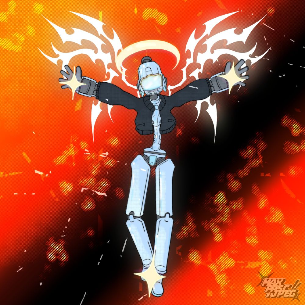 Lord Canti from FLCL posed up crucifixion style against a fiery background.