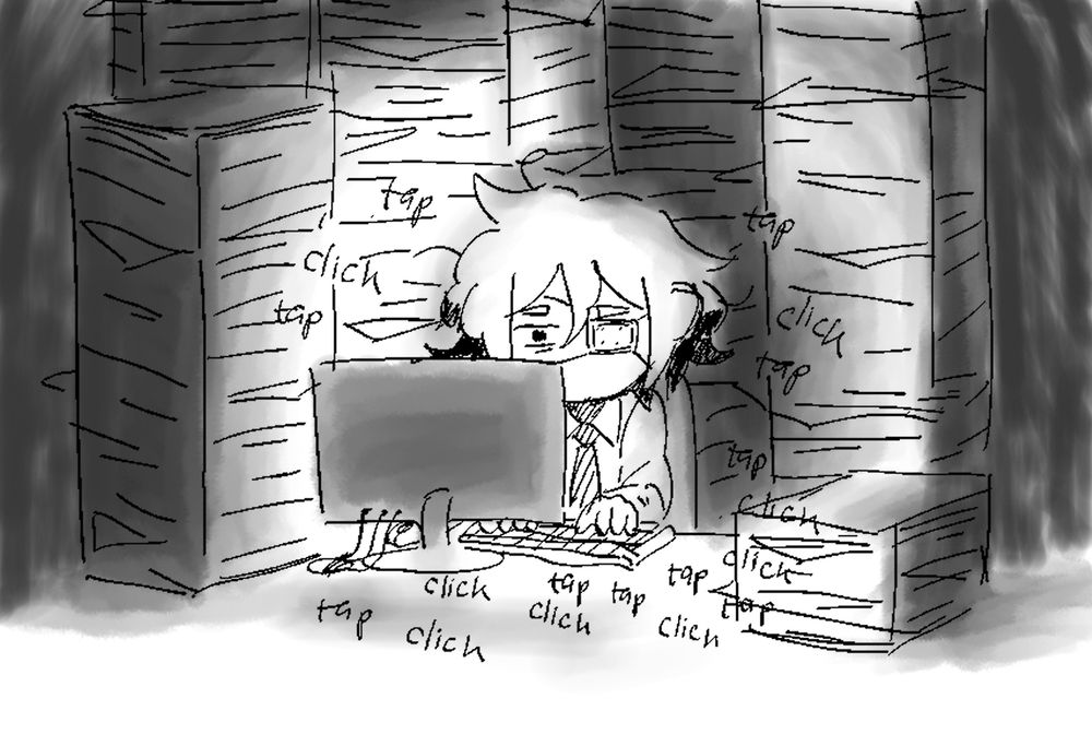 Siffrin from in stars and time working in a 9 to 5 office job, he is overworked. He sits in front of a computer with mountains of paperwork stacked around them, click tap click tap click tap that's the sound of them working hard on typing on the keyboard, I made this because self projection, I had too much assignments.