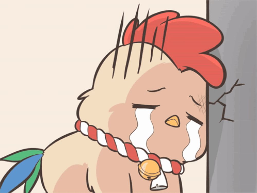 a cartoon of a chicken with a bell around its neck crying