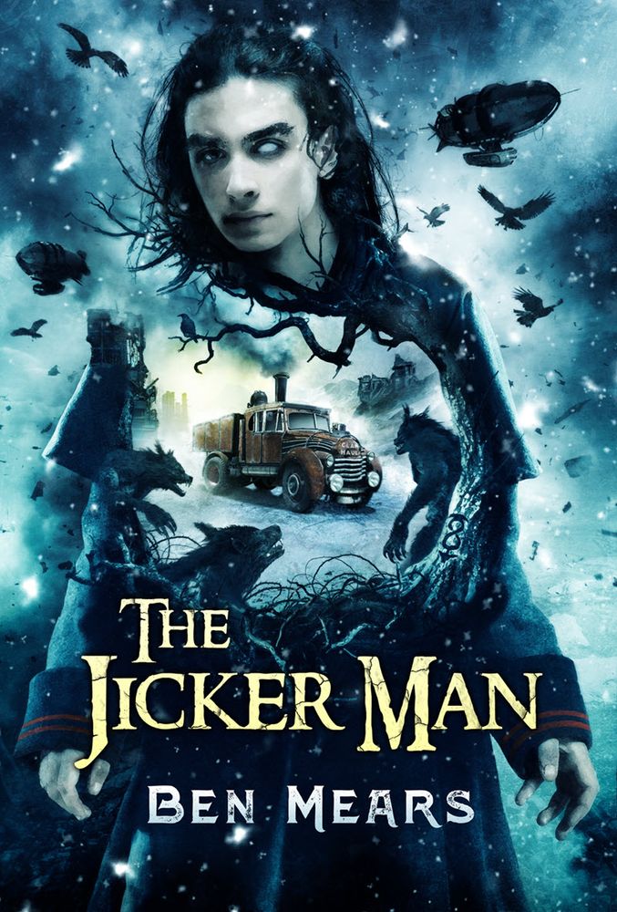 The cover for The Jicker Man by Ben Mears. Art by Ben Baldwin.

The image is a silhouette of a young man in an army greatcoat. He has straggly dark hair and one eye is occluded. Through him we can see a steampunk vehicle surrounded by wolf-like creatures. In the sky behind him there are airship and giant raptors.