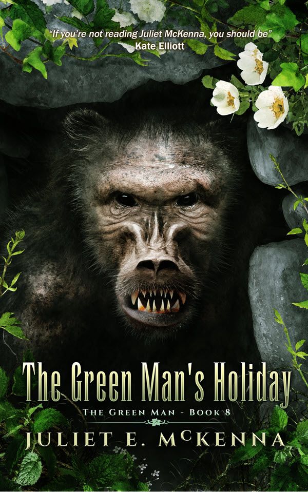 The cover of The Green Man's Holiday by Juliet E McKenna. Art by Ben Baldwin.

The image shows an animal-like face with many sharp teeth peering out from a pile of stones. Foliage and white flowers surrounds the stones.