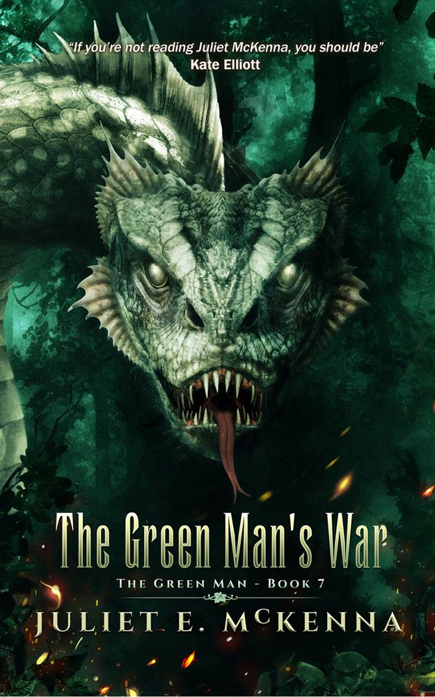 The cover of The Green Man's War, showing a very aggressive wyrm. Green and black colours. Art by Ben Baldwin.