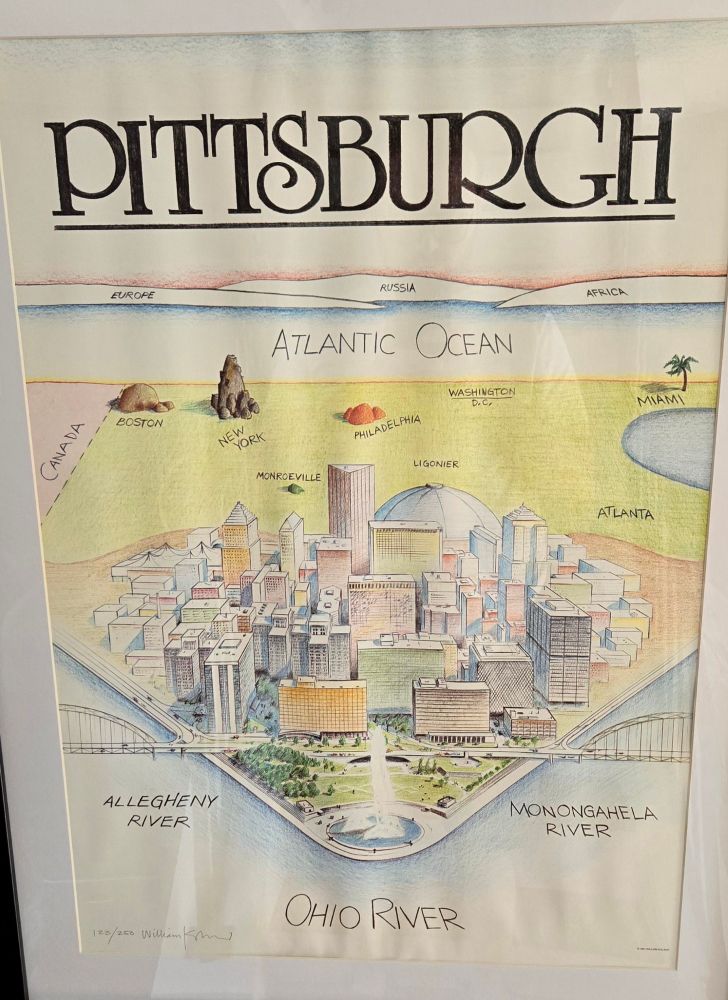 An adapted version of the 1976 New Yorker cartoon "View of the World from 9th Avenue", set in Pittsburgh, with the US entirely being between the three rivers.