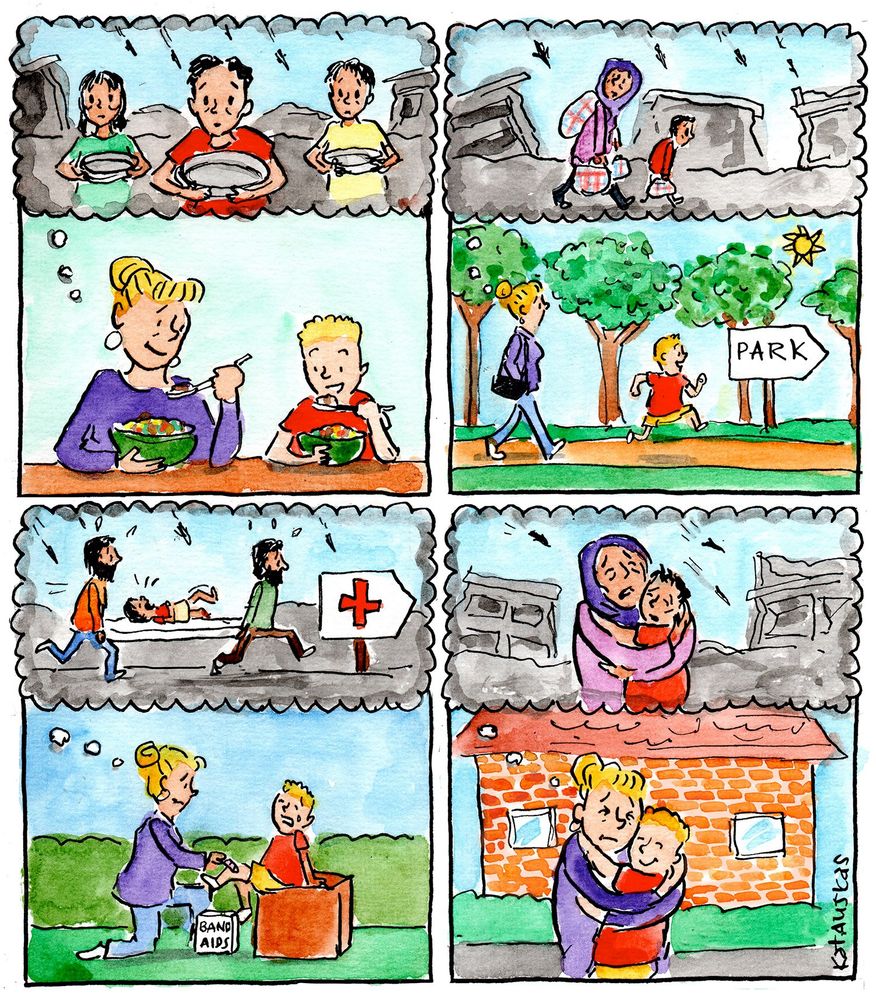 Four panel cartoon.
Panel 1: White woman smiles sadly at her happy child while they both eat from  bowls full of food at home. Above the woman's head is a thought bubble with starving Palestinian children holding out empty bowls
Panel 2: White woman walking to the park on a sunny day. Her happy child skips along ahead of her. Above the woman's head is a thought bubble showing an exhausted, thin Palestinian mother walking along carrying her belongings looking up at bombs falling from the sky. Her exhausted son walks ahead, also carrying belongings
Panel 3: White woman puts a bandaid on her crying son's knee Above the woman's head is a thought bubble with a starving Palestinian boy who has had his leg blown off being raced to hospital on a stretcher
Panel 4: White woman hugs her happy son in a tight embrace. Above the woman's head is a thought bubble with terrified starving Palestinian mother tightly clutching her terrified son as bombs drop in the distance
