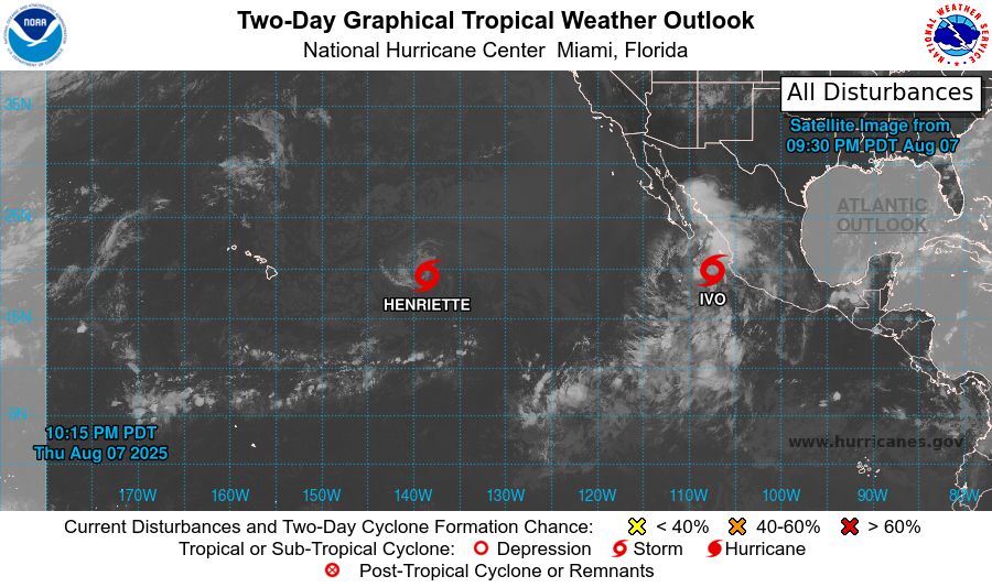 tropical weather outlook over the next 2 days greyscale satellite image of Eastern Pacific Ocean for
NWS National Hurricane Center Miami FL
1100 PM PDT Thu Aug 7 2025

For the eastern and central North Pacific east of 180 longitude:

Active Systems: 
The National Hurricane Center is issuing advisories on Tropical 
Storm Henriette, located well east of the Hawaiian Islands. 
Henriette is expected to move into the Central Pacific basin later 
tonight. The National Hurricane Center is also issuing advisories on 
Tropical Storm Ivo, located over the eastern Pacific offshore of the 
coast of West-Central Mexico. 

Tropical cyclone formation is not expected over the next 7 days. 

$$
Forecaster Jelsema
NNNN
    