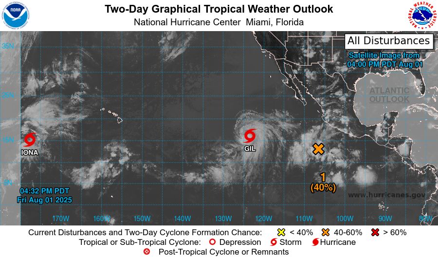 tropical weather outlook over the next 2 days greyscale satellite image of Eastern Pacific Ocean for
NWS National Hurricane Center Miami FL
500 PM PDT Fri Aug 1 2025

For the eastern and central North Pacific east of 180 longitude:

Active Systems: 
The National Hurricane Center is issuing advisories on Tropical 
Storm Iona, located in the central Pacific basin well west-southwest 
of the Hawaiian Islands, and Tropical Storm Gil, located well 
west-southwest of the southern Baja California peninsula.

1. Central East Pacific:
An area of low pressure is expected to form well southwest of 
southwestern Mexico within the next day or two. Environmental 
conditions appear conducive for some gradual development of this 
system, and a tropical depression is likely to form late this 
weekend or early next week as the system moves west-northwestward at 
10 to 15 mph.
* Formation chance through 48 hours...medium...40 percent. 
* Formation chance through 7 days...high...80 percent.

2. South of Southern Mexico: 
An area of low pressure is forecast to form offshore of the coast of 
Central America and southern Mexico by the middle part of next week. 
Thereafter, environmental conditions appear conducive for some 
development as the system moves generally west-northwestward at 10 
to 15 mph.
* Formation chance through 48 hours...low...near 0 percent.
* Formation chance through 7 days...low...30 percent.



Forecaster Gibbs
    
