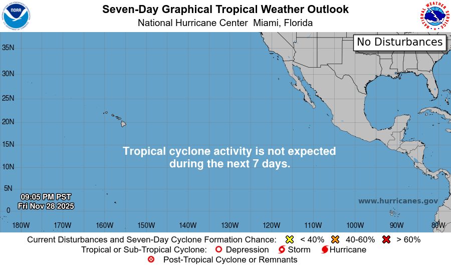 tropical weather outlook over the next 7 days color illustrated image of Eastern Pacific Ocean for
NWS National Hurricane Center Miami FL
1000 PM PST Fri Nov 28 2025

For the eastern and central North Pacific east of 180 longitude:

Tropical cyclone formation is not expected during the next 7 days.

$$
Forecaster Gibbs
NNNN
    