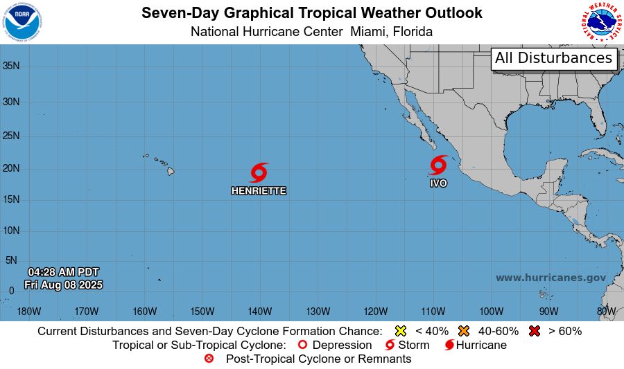 tropical weather outlook over the next 7 days color illustrated image of Eastern Pacific Ocean for
NWS National Hurricane Center Miami FL
500 AM PDT Fri Aug 8 2025

For the eastern and central North Pacific east of 180 longitude:

Active Systems: 
The National Hurricane Center is issuing advisories on Tropical 
Storm Henriette, located in the Central Pacific basin well east of 
the Hawaiian Islands.  The National Hurricane Center is also issuing 
advisories on Tropical Storm Ivo, located over the Eastern Pacific 
basin about 160 miles south of the southern tip of the Baja 
California peninsula.

Tropical cyclone formation is not expected during the next 7 days. 

$$
Forecaster Hagen
NNNN
    