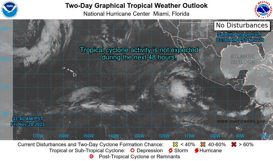 tropical weather outlook over the next 2 days greyscale satellite image of Eastern Pacific Ocean for
NWS National Hurricane Center Miami FL
400 AM PST Fri Nov 28 2025

For the eastern and central North Pacific east of 180 longitude:

Tropical cyclone formation is not expected during the next 7 days.

$$
Forecaster Reinhart
NNNN
    