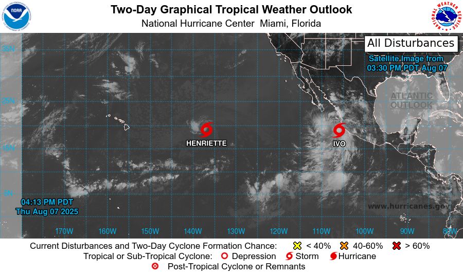 tropical weather outlook over the next 2 days greyscale satellite image of Eastern Pacific Ocean for
NWS National Hurricane Center Miami FL
500 PM PDT Thu Aug 7 2025

For the eastern and central North Pacific east of 180 longitude:

Active Systems: 
The National Hurricane Center is issuing advisories on Tropical 
Storm Henriette, located well east of the Hawaiian Islands. 
Henriette is expected to move into the Central Pacific basin by 
tonight. The National Hurricane Center is also issuing 
advisories on Tropical Storm Ivo, located over the eastern 
Pacific offshore of the coast of Southwestern Mexico. 

Tropical cyclone formation is not expected over the next 7 days. 

$$
Forecaster Jelsema
NNNN
    