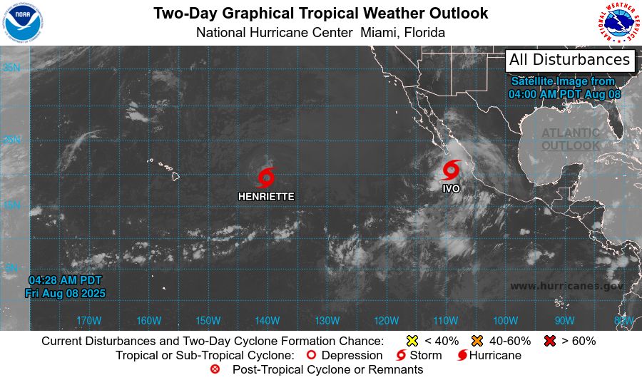 tropical weather outlook over the next 2 days greyscale satellite image of Eastern Pacific Ocean for
NWS National Hurricane Center Miami FL
500 AM PDT Fri Aug 8 2025

For the eastern and central North Pacific east of 180 longitude:

Active Systems: 
The National Hurricane Center is issuing advisories on Tropical 
Storm Henriette, located in the Central Pacific basin well east of 
the Hawaiian Islands.  The National Hurricane Center is also issuing 
advisories on Tropical Storm Ivo, located over the Eastern Pacific 
basin about 160 miles south of the southern tip of the Baja 
California peninsula.

Tropical cyclone formation is not expected during the next 7 days. 

$$
Forecaster Hagen
NNNN
    