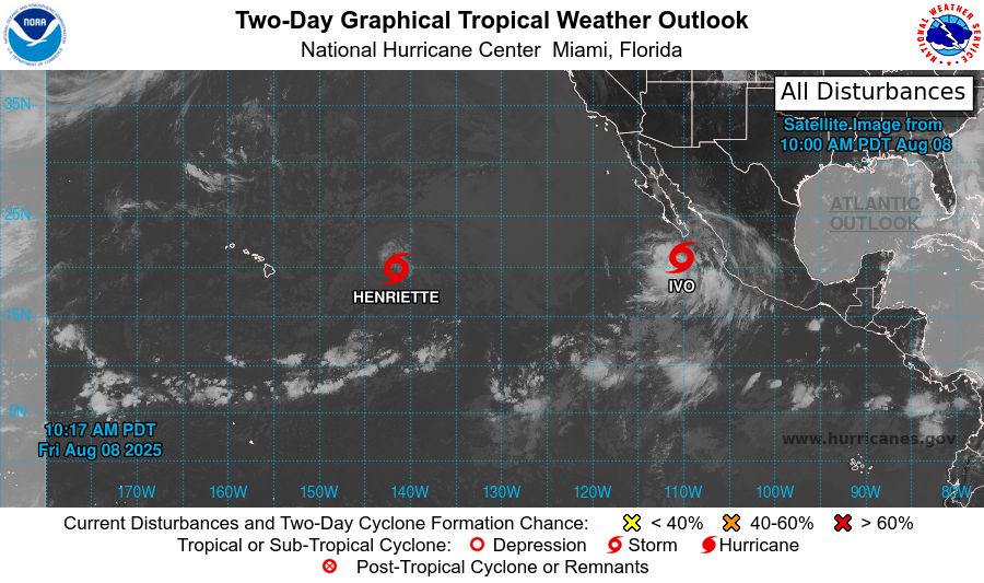tropical weather outlook over the next 2 days greyscale satellite image of Eastern Pacific Ocean for
NWS National Hurricane Center Miami FL
1100 AM PDT Fri Aug 8 2025

For the eastern and central North Pacific east of 180 longitude:

Active Systems: 
The National Hurricane Center is issuing advisories on Tropical 
Storm Henriette, located in the Central Pacific basin well east of 
the Hawaiian Islands.  The National Hurricane Center is also issuing 
advisories on Tropical Storm Ivo, located over the Eastern Pacific 
basin about 160 miles south-southwest of the southern tip of the 
Baja California peninsula.

Tropical cyclone formation is not expected during the next 7 days. 

$$
Forecaster Hagen
NNNN
    